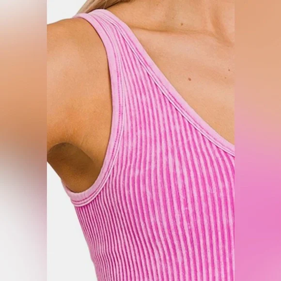 Zenana Neon Moon Hot Pink Acid Wash Ribbed Knit Round Neck Cropped Tank Crop Top - Picture 2 of 3
